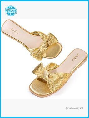 Pleated Bow Flat Sandals Elegant Dressy Open Toe Slip On Slides Summer